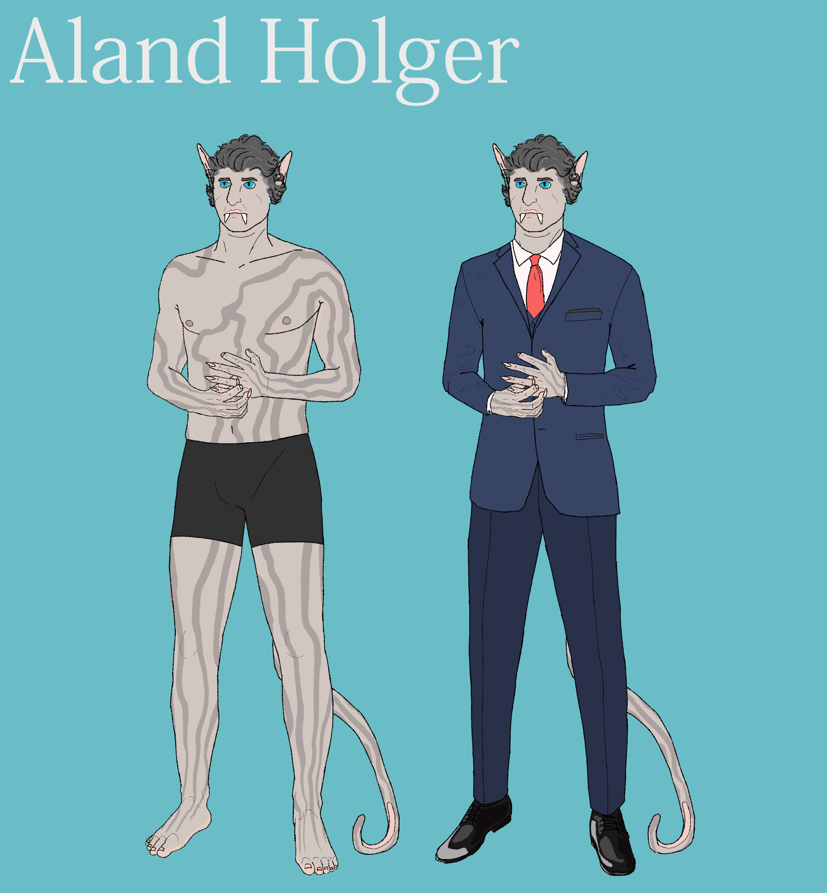 Aland is an older man with gray fur and darker gray stripes that got vertically down his entire body. In this reference to the left he is naked in only underwear and on the right he is wearing a suit.
