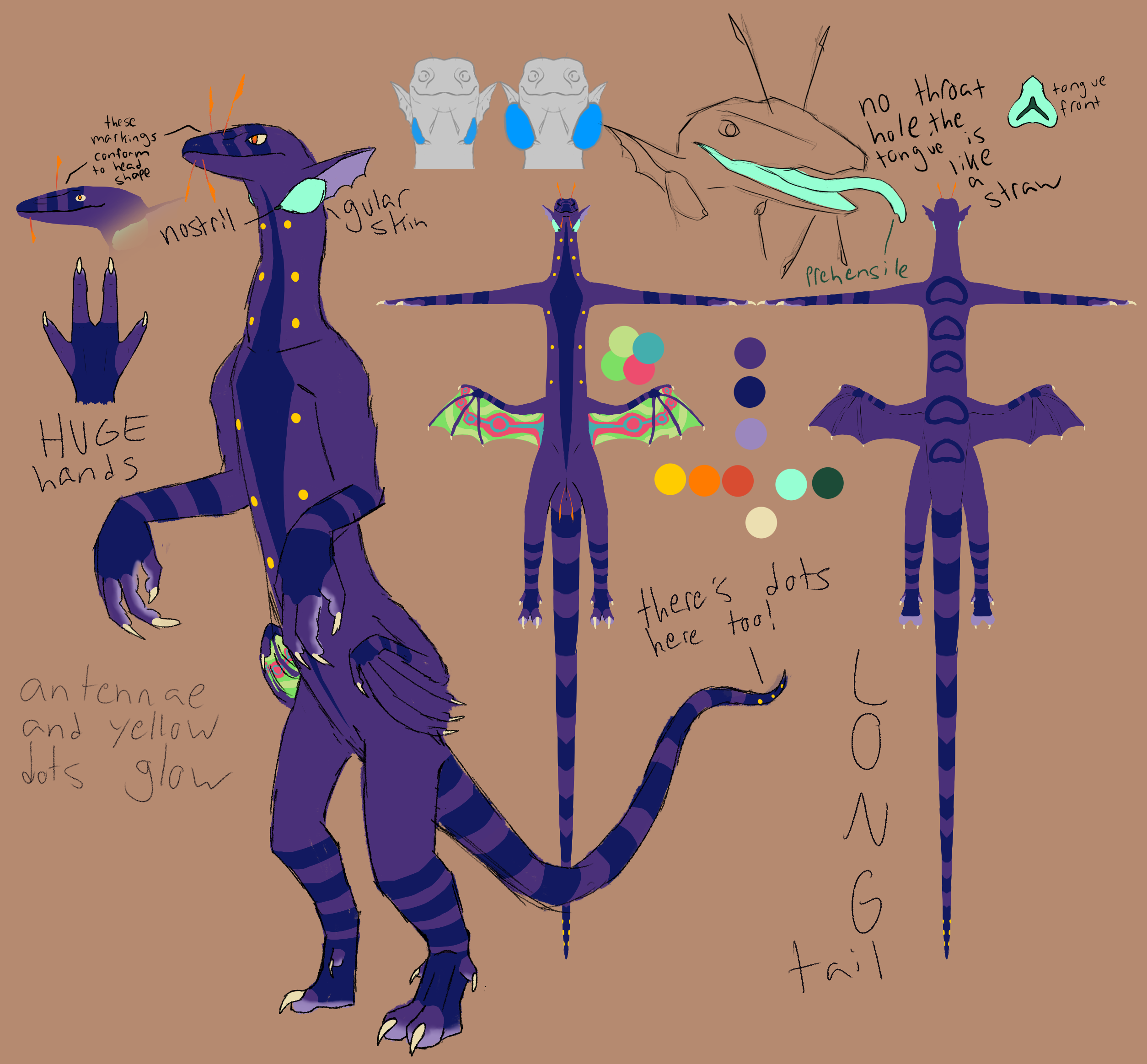 Aroo is a purple snake-like alien with dark blue-purple ring markings. They have orange antennae, yellow dots along their body, green sacks on their neck, and a long tail.
