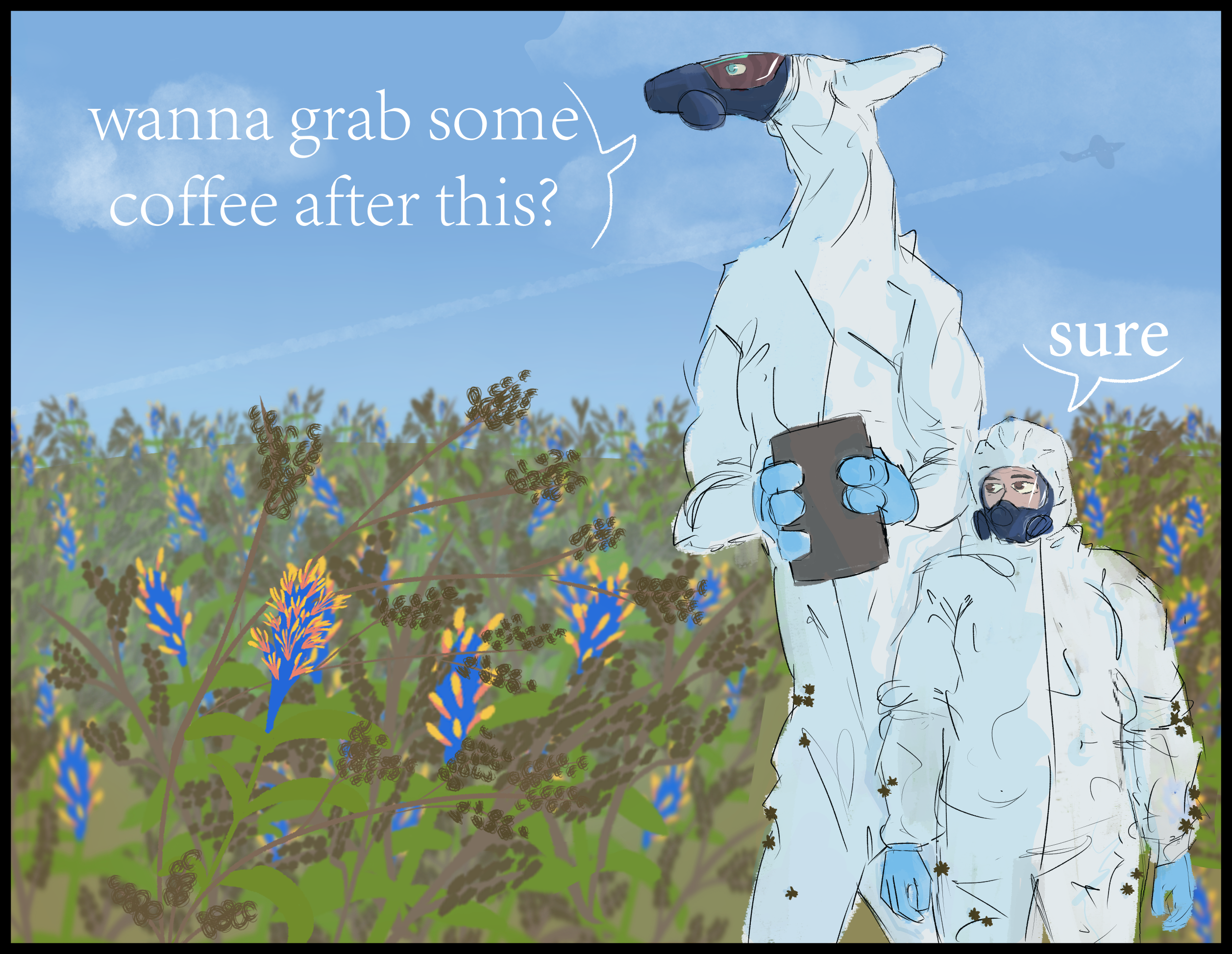 A human and a hex alien in hazmat suits standing in a field of flowers.