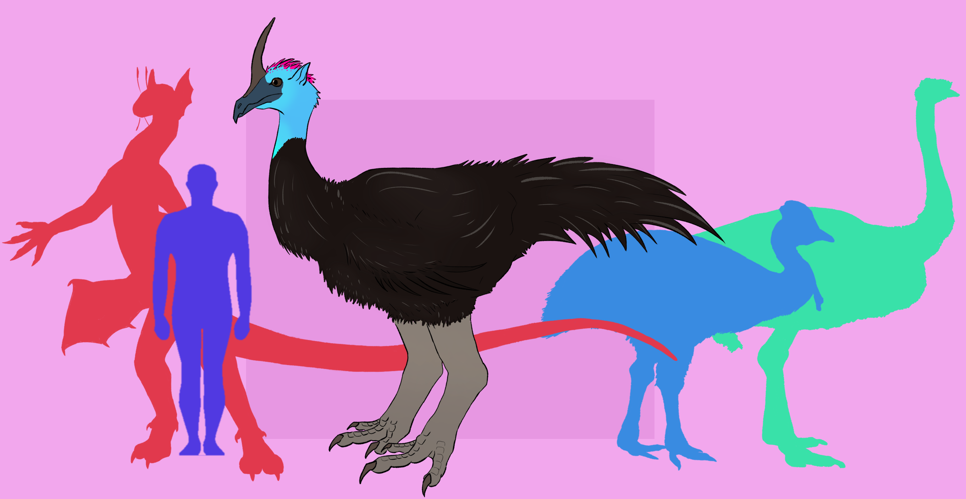 A cassowary-like flightless bird with a blue head and a brown horn. It is taller than hex, humans, ostriches, and cassowaries.